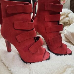 DKNY Red Suede Heeled Boots with Straps